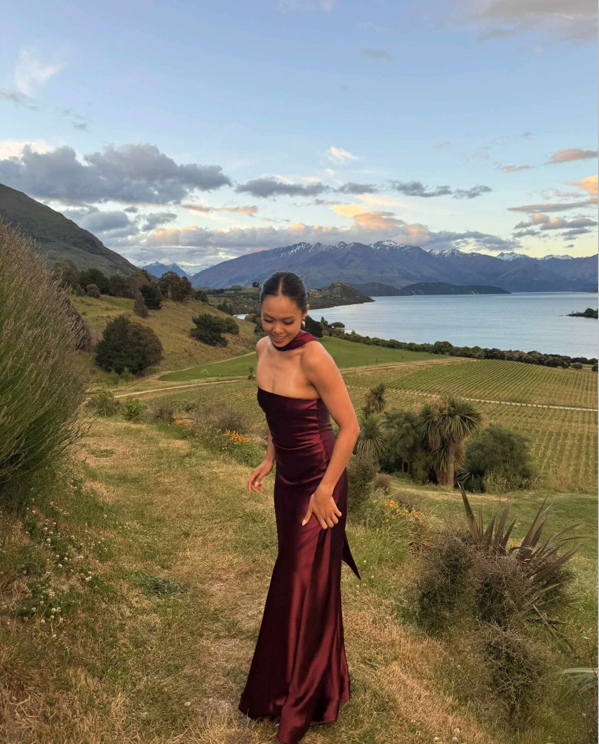 MISHA Collection Lilia Satin Maxi Wine