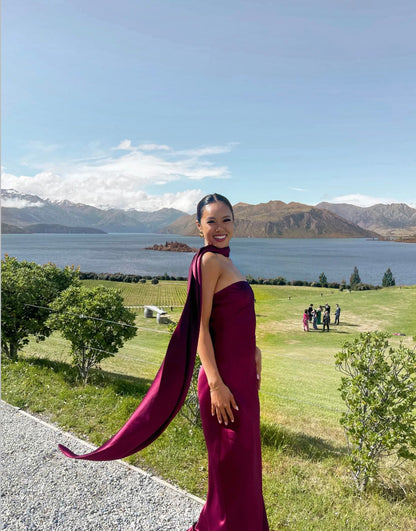 MISHA Collection Lilia Satin Maxi Wine