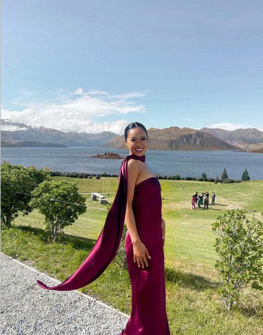 MISHA Collection Lilia Satin Maxi Wine